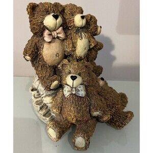 Teddy Bear Bookends Family Group Brown Beige Textured Resin Animals Decor New